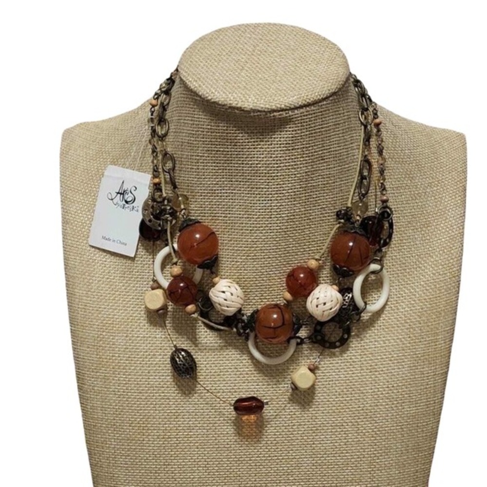 Aris by Treska Multi Strand Statement Necklace Brown Cream Beads Bronze Tone NWT
